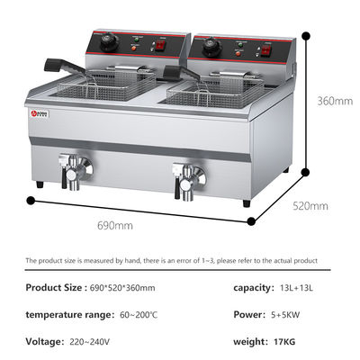 Double Tanks Electric Deep Fryer with Oil Valve and 60-200 Degree Temperature Range